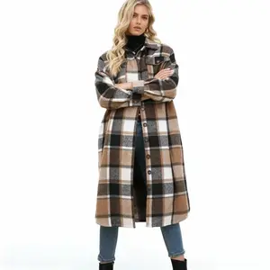 Women Fall Flannel Plaid Shacket Jacket Oversized Button Down Long Shirt Jacket