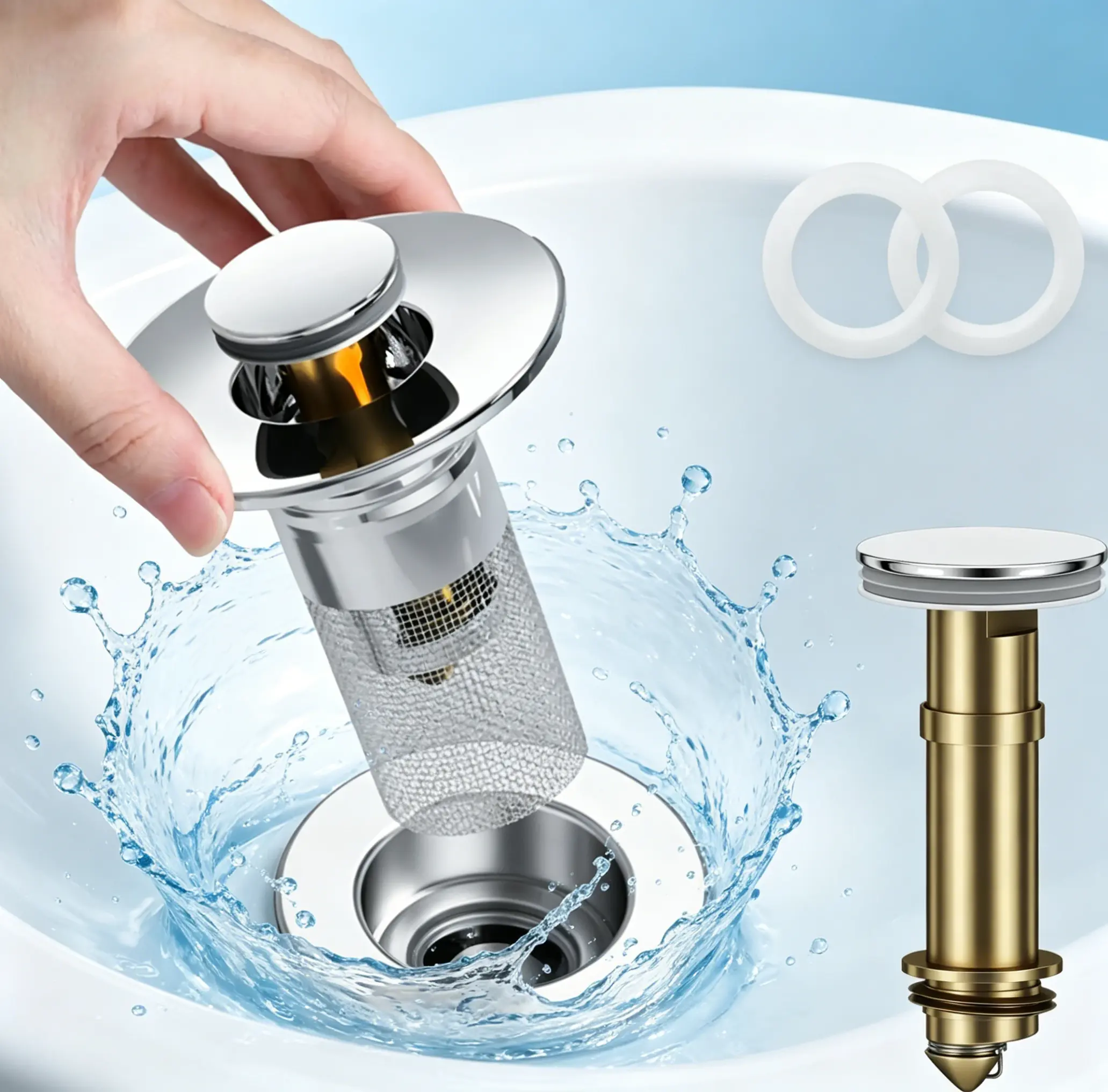 Stainless Steel Removable Filter Basket Drain Strainer - 2-in-1 Design, Anti-Odour Pop-Up Hair Trap with Durable Brass Core, Metal Sieve for Bathroom Sink Domestic Use, Easy Removal of Harmful Materials