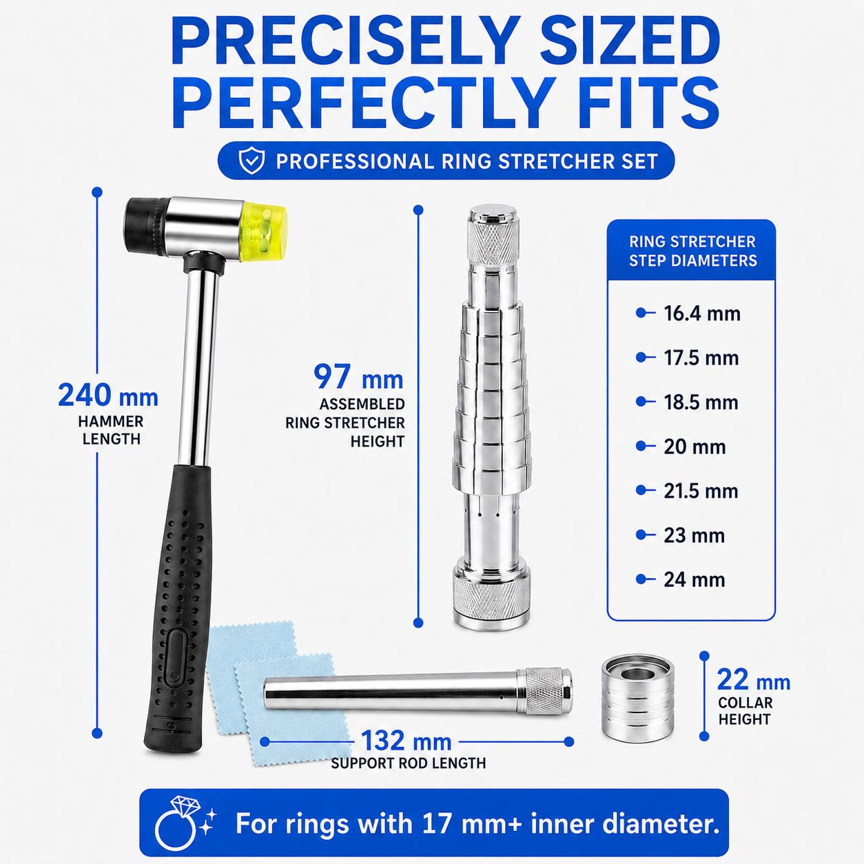 Ring Stretcher Tool Kit Ring Enlarger Mandrel with Dual-Head Nylon Hammer & Polishing Cloth for Jewelry Ring Resizing and Repair Ring Stretcher Tool Kit Ring Enlarger Mandrel with Dual-Head Nylon Hammer & Polishing Cloth for Jewelry Ring Resizing and Repair