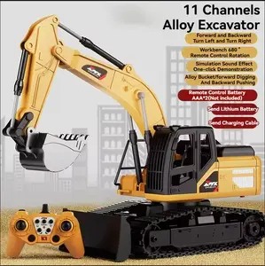 With Bulldozer Bucket-2.4G 11-CH Construction Toys - Remote Control Excavator, RC Construction Vehicles Toys with Metal Shovel, Lights, Sound and Rechargeable Battery. Best Gift for Kids, RC Dump Trucks Bulldozer