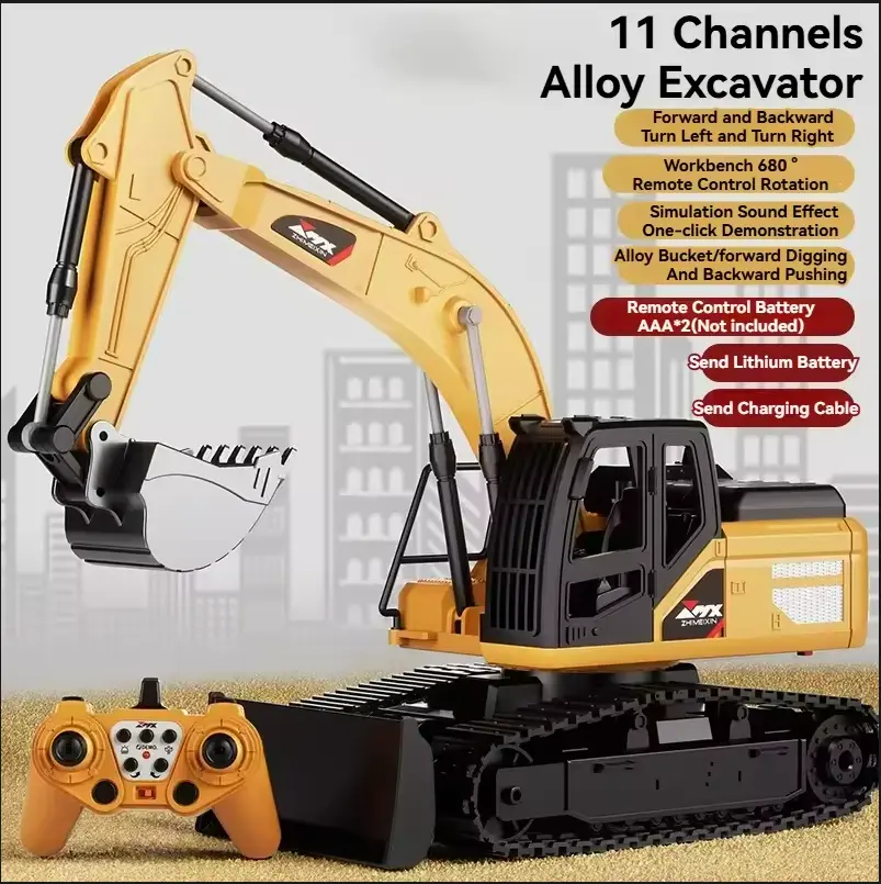 With Bulldozer Bucket-2.4G 11-CH Construction Toys - Remote Control Excavator, RC Construction Vehicles Toys with Metal Shovel, Lights, Sound and Rechargeable Battery. Best Gift for Kids, RC Dump Trucks Bulldozer