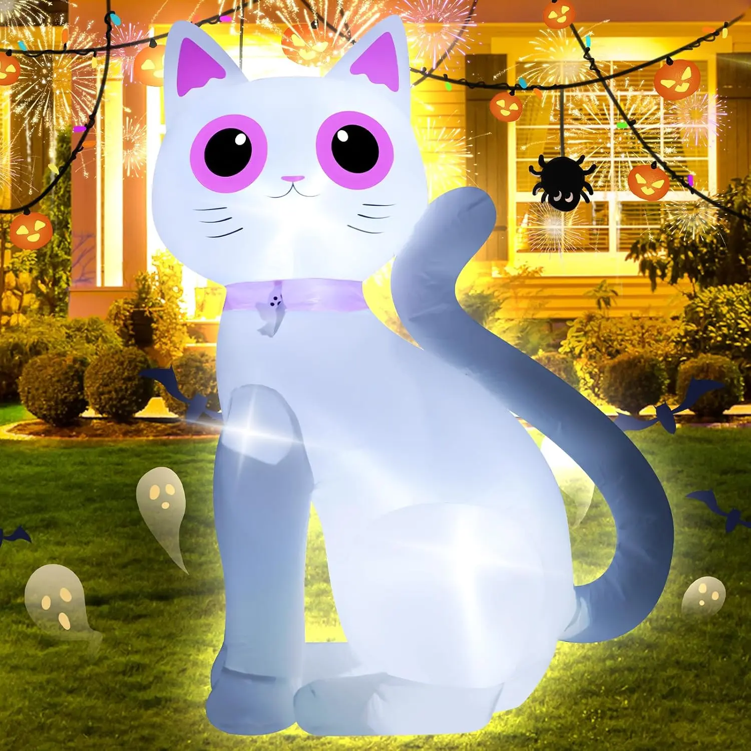 3.5FT Halloween Inflatable Decor White Cat with LED Lights Halloween Indoor Outdoor Blow Up Decorations Party Holiday Decorspooky season decor, spooky yard decor, halloween yard decor, halloween gift for him and her, 2026 gift