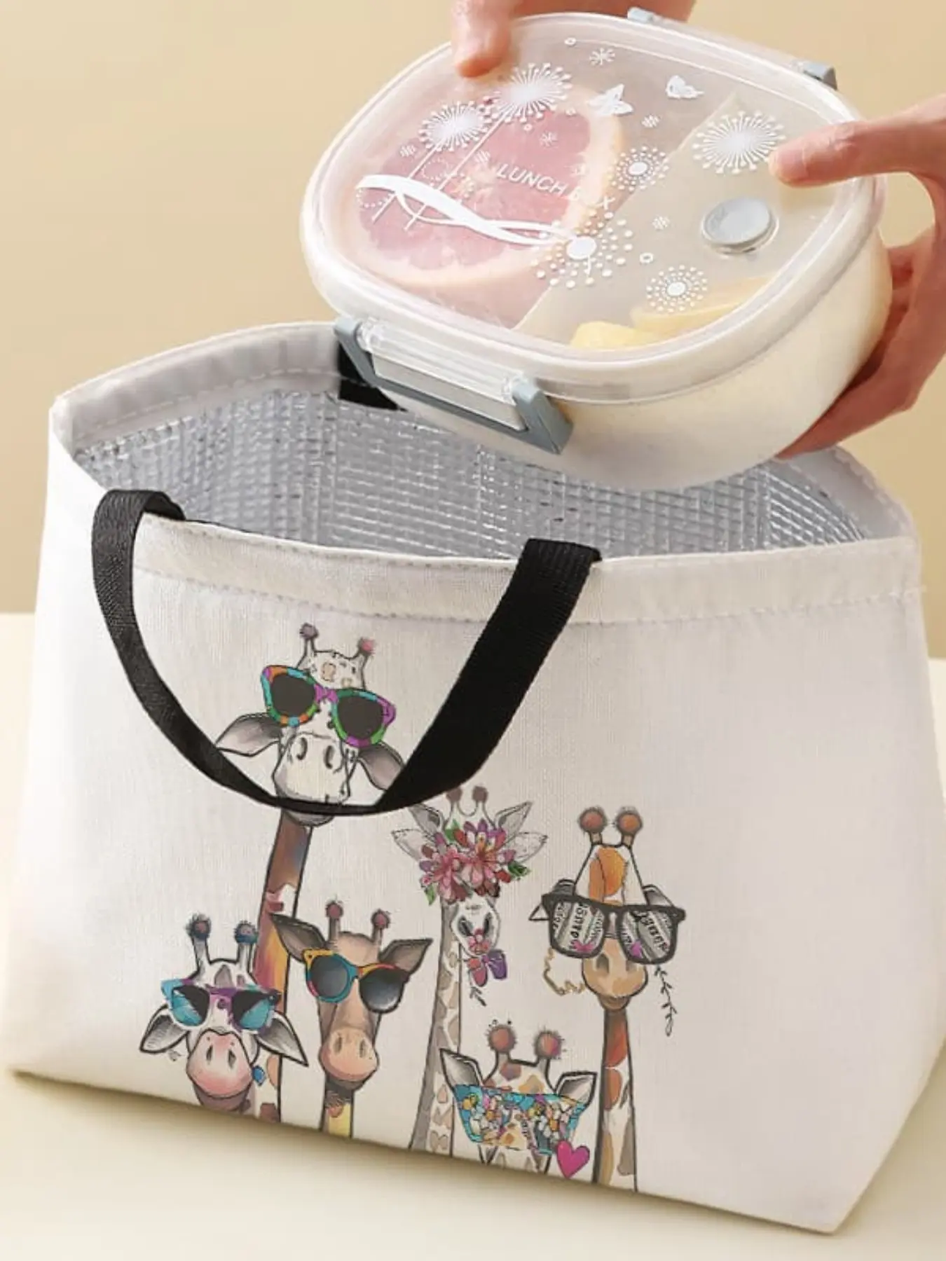 Giraffe Pattern Handbag Lunch Bag, Women's Casual Shoulder Bag, Large Capacity Picnic Food Drink Bag, All Seasons, Durable Insulated Bag, Waterproof Lunch Tote