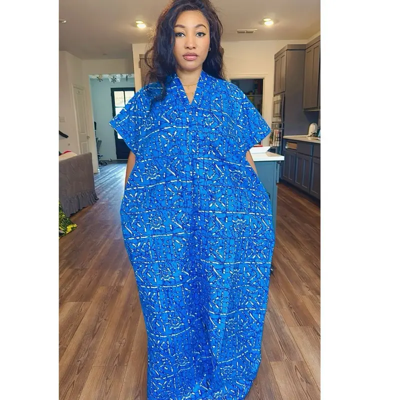 One size Beautiful and bright African Ankara Boubou Dress - Comfortable Women's V-Neck Cotton bubu dress for Everyday Wear & Casual Outings - Style, Womenswear, Vneck, Elegance. Summer
