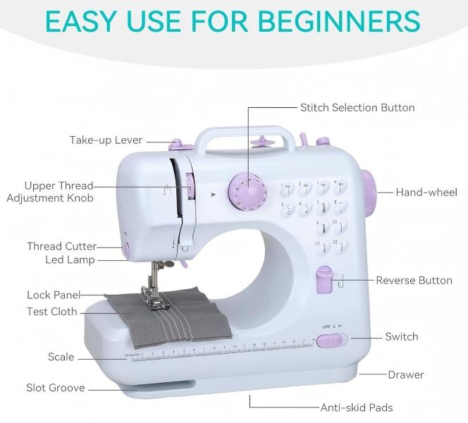 Mini Portable Sewing Machine 12 Built-in Stitches 2-Speed with Foot Pedal Ideal Gift for Beginners Kids Mom Home DIY Craft Projects