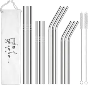12-Pack Reusable Stainless Steel Metal Straws with Case - Long Drinking Straws for 30 oz and 20 oz Tumblers Dishwasher Safe - 2 Cleaning Brushes Included