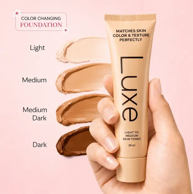 Luxe Color Changing Foundation for Women | Adaptive Skin Tone Matching Foundation | Buildable Coverage with Natural Dewy Finish | Lightweight, 12-Hour Wear | Light to Medium & Medium Dark to Dark Shades