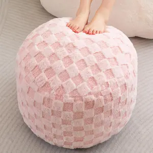 Round Stuffed Pouf Ottoman, Plaid Poufs with  Chunk Filling, Fluffy and Furry Pouf Foot Stool Storage Ottoman, 20 X 15 Floor Poufs Foot Rest for Living Room,