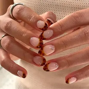 TQ25 Tortoise Shell French Tip Press On Nails, Brown Glossy Oval Set With Simple Gems, Trendy Natural Look for Easy Everyday Styling, Gift For Her
