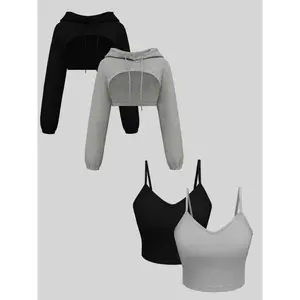 Women's Solid Ribbed Hooded Crop Hoodie & Camisole Top Set, Casual Long Sleeve Hooded Top & Sleeveless Top for Daily Wear, Ladies Clothes for All Seasons