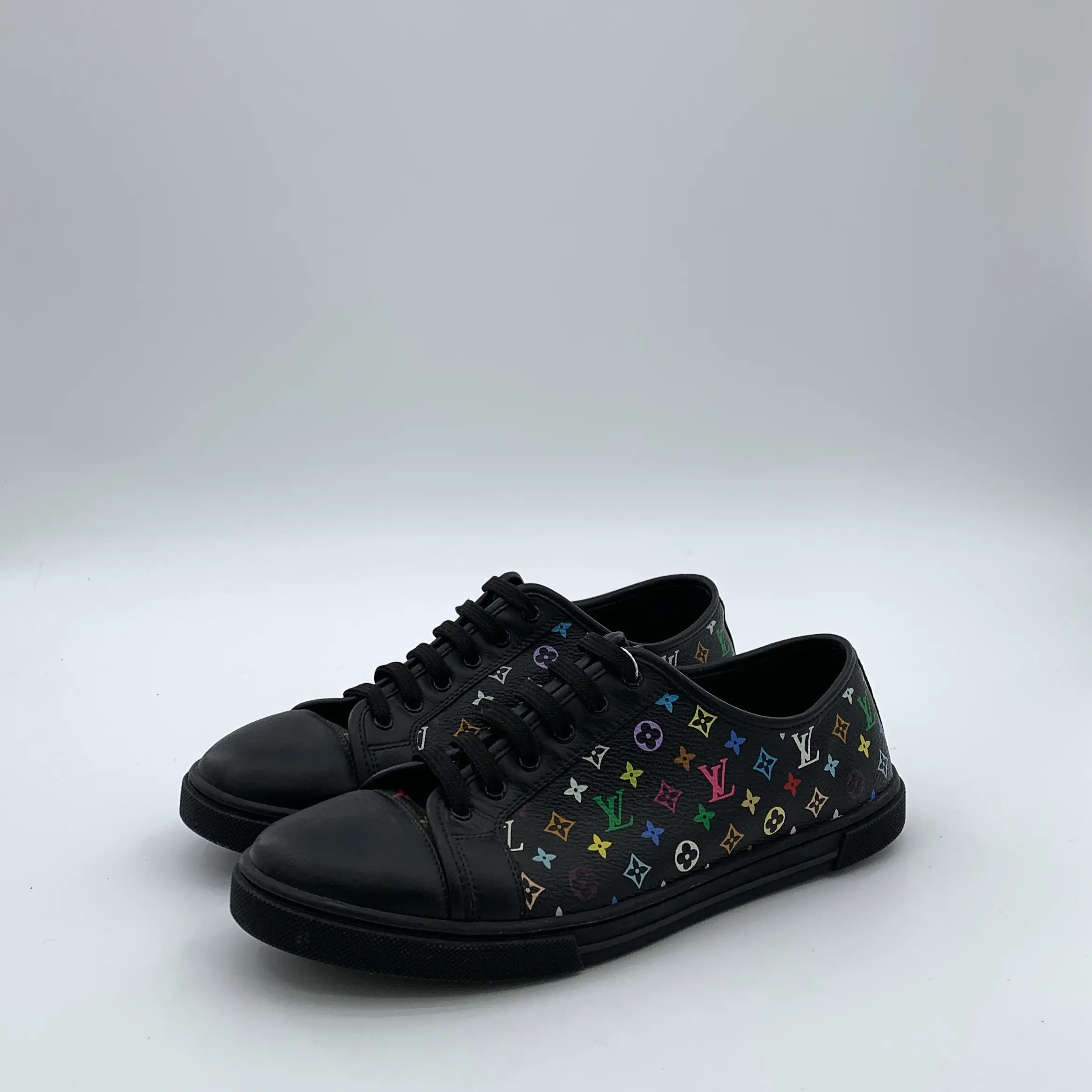 RDLT-Louis Vuitton Size 36.5 Black Multicolor Monogram Lace-Up Flat Sneakers-J36066