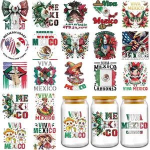 UV DTF Cup Wraps - 20 Sheets Mexican Independence Day UV DTF Tumbler Wrap for 16 oz Glass, Viva Mexico Red Green Butterfly Flower Transfer Sticker Decals for Water Bottle Mug Decoration