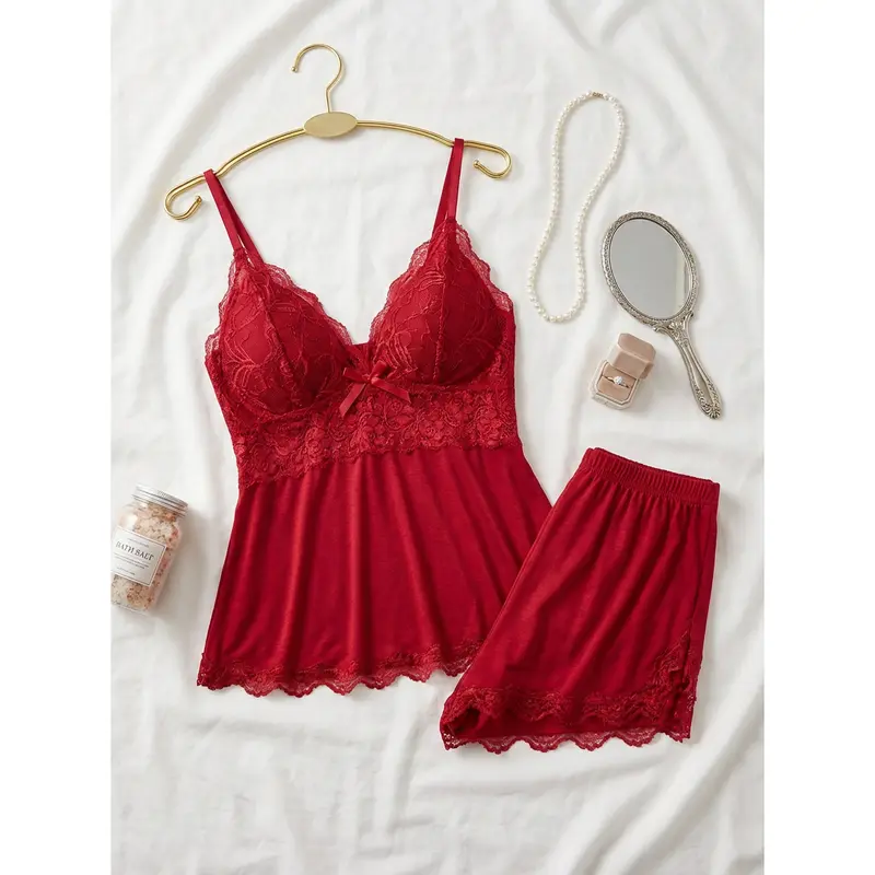 Women's Solid Color Lace Trim Cami Top & Shorts Pyjama Two-piece Set, Casual Comfy Camisole & Shorts Lingerie Set, Women's Sleepwear for All Seasons