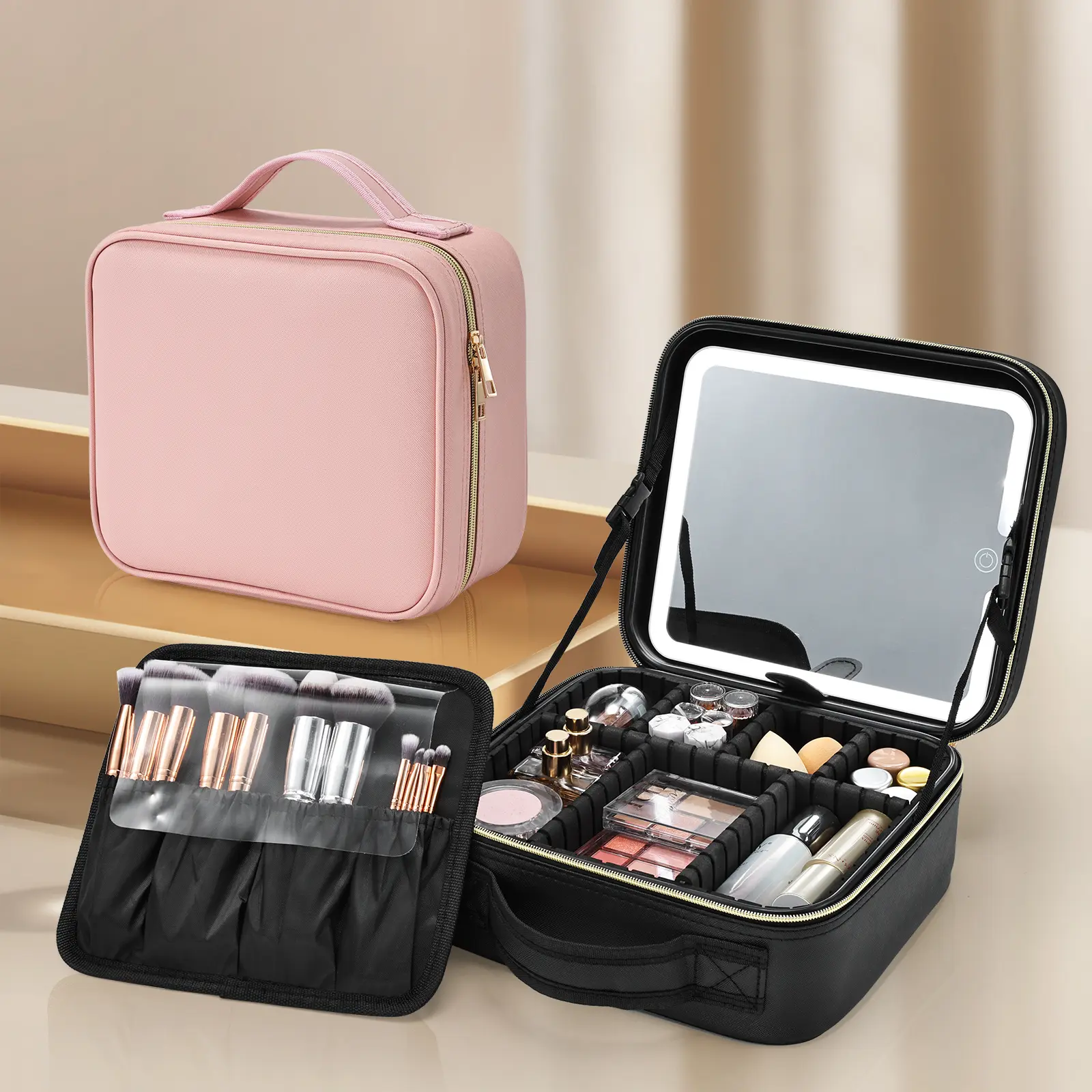 Travel Makeup Bag With LED Mirror Portable Cosmetic Train Case with with Adjustable Dividers Makeup Brush Holder Storage
