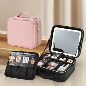Travel Makeup Bag With LED Mirror Portable Cosmetic Train Case with with Adjustable Dividers Makeup Brush Holder Storage