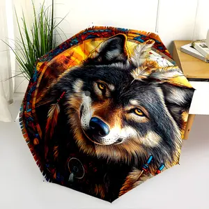 1 PC Automatic Folding Umbrella - Wolf Native American Artwork Pattern, Portable & Foldable Design with 8 Ribs, Merry Christmas Pattern,Casual Outdoor Accessory Halloween and Christmas Birthday Gifts. K0071