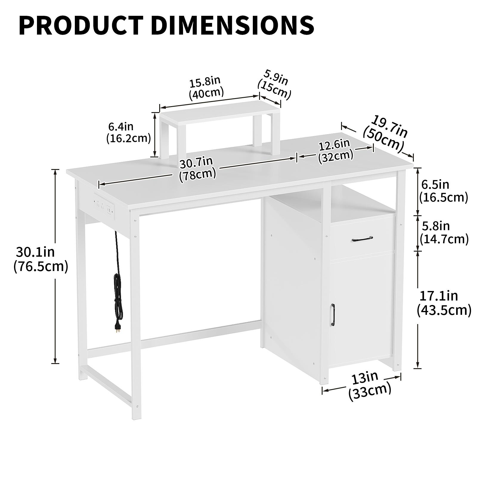 Computer Desk with Power Outlets and Monitor Stand, Small Home Office Desk with Storage Drawer & Cabinet, Compact Study Writing Desk PC Workstation for Small Spaces