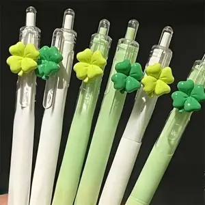 5pcs Four-Leaf Clover 3D Charm Pens, Random Colors, Doubled Lucky Gel Ink, Retractable Press Pens, 0.5mm Fine Tip, Office Supplies