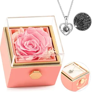 Forever Rose Gift Box with I Love You Necklace 100 Languages, Preserved Pink Rose Rotating Jewelry Gift for Her