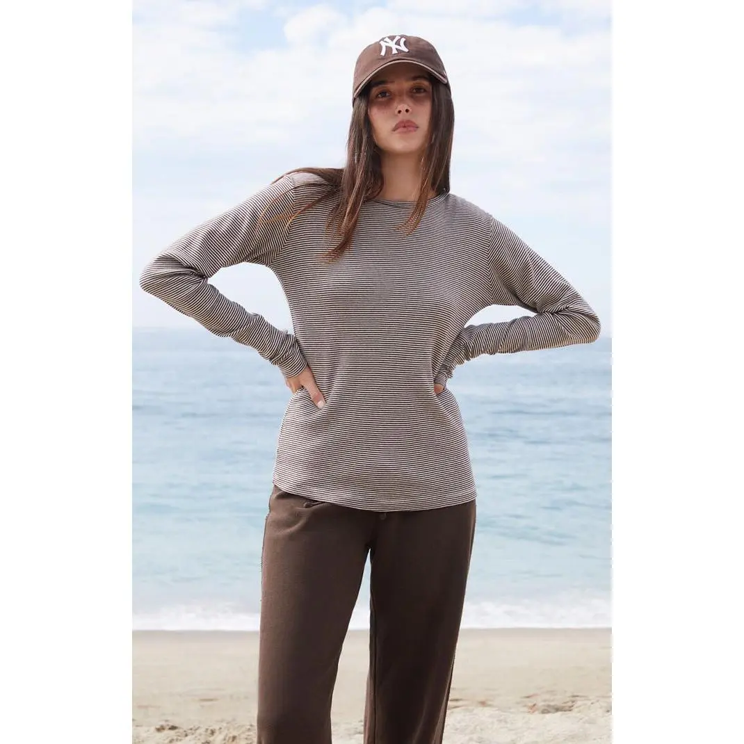 John Galt Women's Brown Leah Striped Long Sleeve Top