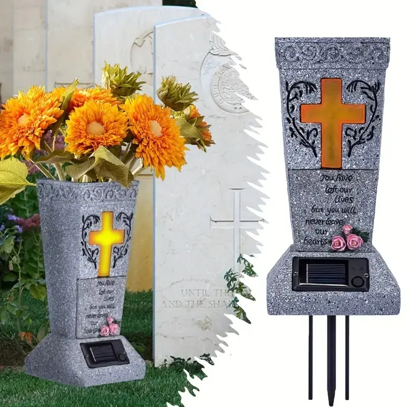 Metal Solar LED Cemetery Grave Vase with Spike, Drainage Plug, Dusk-On LED Glow & Dawn Auto-Off – for Fresh/Real Flowers, Headstone Memorial Decor, Sympathy Gift, Garden Decor