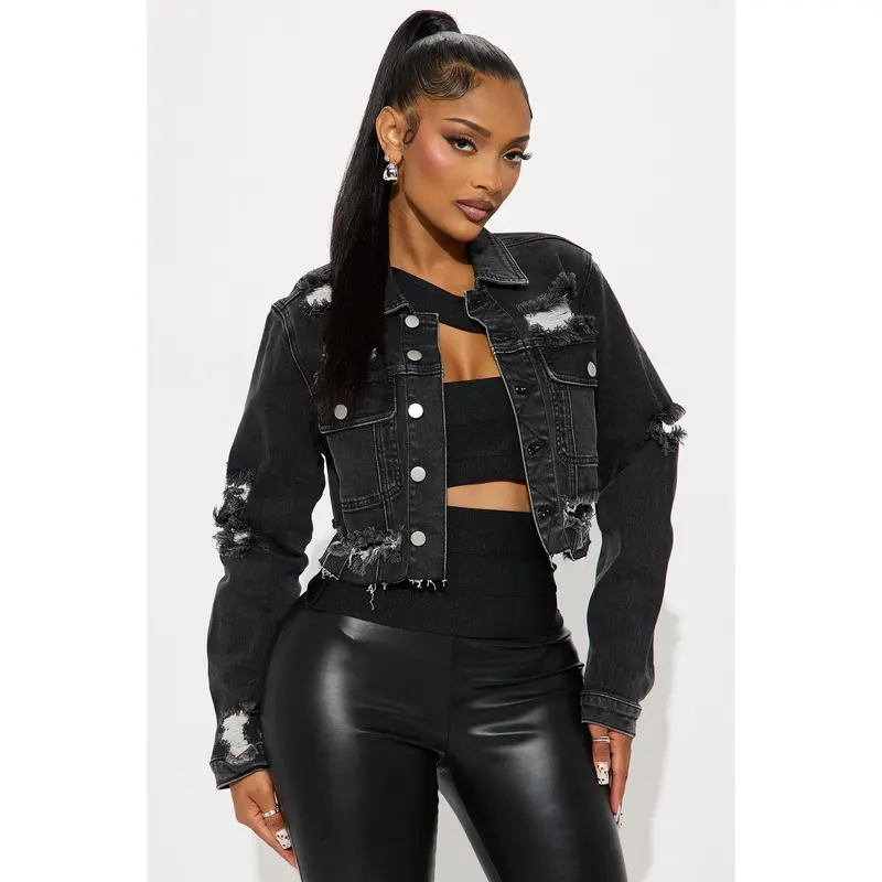 All Torn Up Crop Denim Jacket - Black Wash