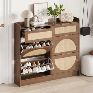 Rattan Shoe Storage Cabinet with 4 Flip Drawers & 2 Small Drawers, Rustic Oak Rattan Shoe Storage Cabinet, Narrow Freestanding Shoe Rack Organizer with Adjustable Shelves and Sleek Metal Handles for Entryway