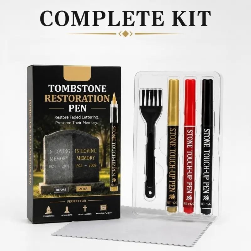5 Pack Tombstone Restoration Marker Set, 3 Vivid Permanent Paint Markers for Gravestone Letter Recoloring, Includes Touch-Up Brush and Cleaning Cloth, Weather Resistant Pens for Family Caregivers