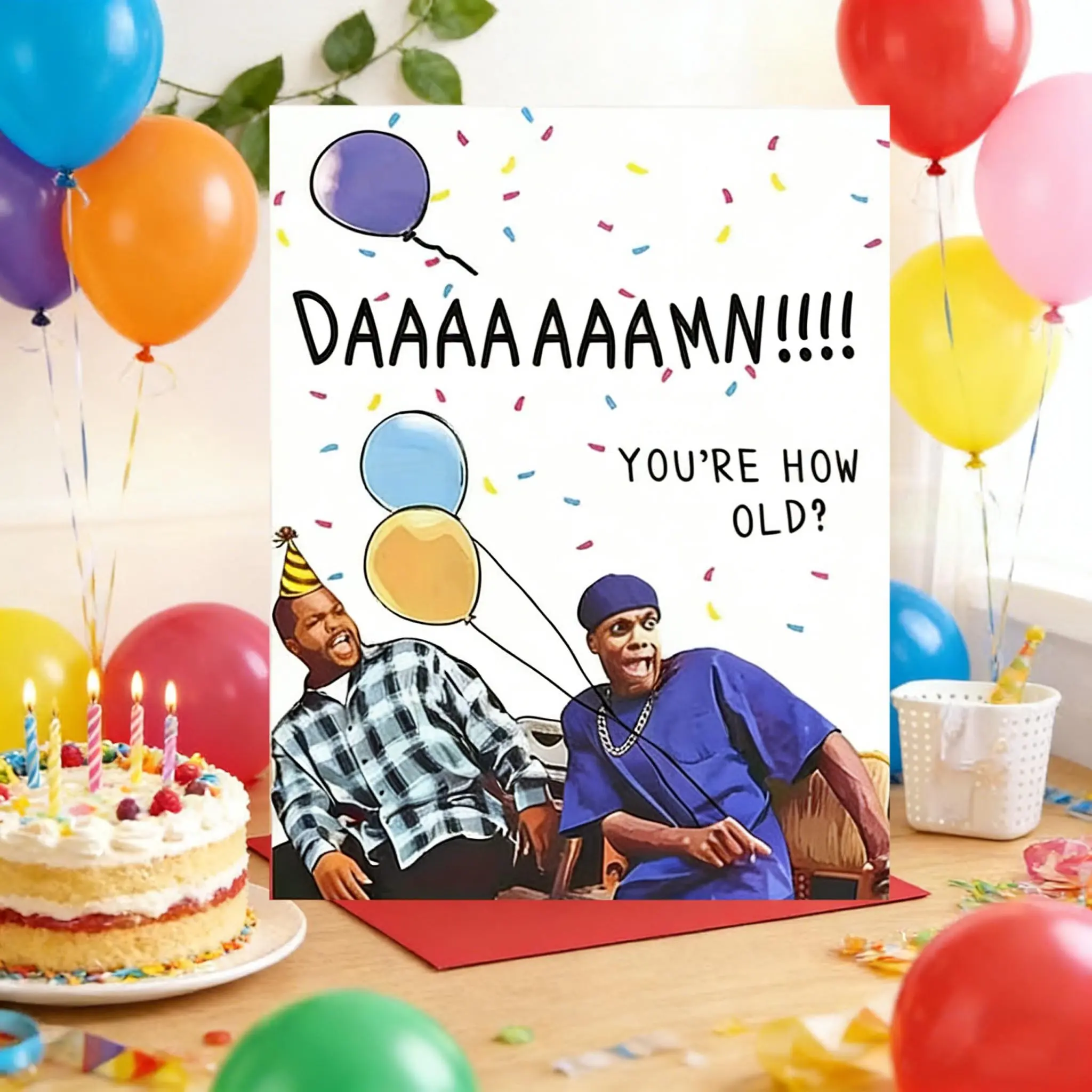 1pc "How Old Are You" Funny Birthday Card with Envelope - Red Humorous Aging Joke Greeting Card for Men & Women, Cartoon-Style Design with Party Hats & Balloons, Festive Party Supplies, Playful Design, Colorful Illustration, Party Ready, Fun Party Cards