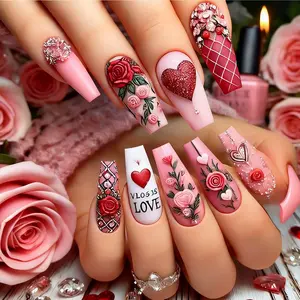 24pcs New Valentine's Day Limited Edition Trapezoidal Press-On Nails, Gradient with Rose Heart Elements, Reusable Long-Lasting Fake Nails, Glitter Decorative Nails