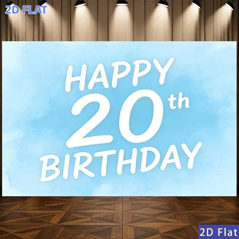 2D Flat Banner 1pc, Poster Party Banner Light Blue Happy 20Th Birthday Watercolor Art Polyester Backdrop Event Decoration Room Home Farm Garden Courtyard Graduation Photography Live Streaming Wedding Club Festive Gift,
