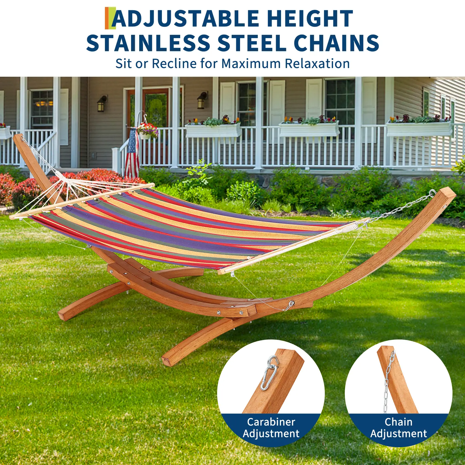 475 lbs Curved Wood Hammock Stand, Weatherproof Sturdy Global Frame with Chains & Carabiners, Freestanding Hammock Holder for Patio Backyard Garden Indoor