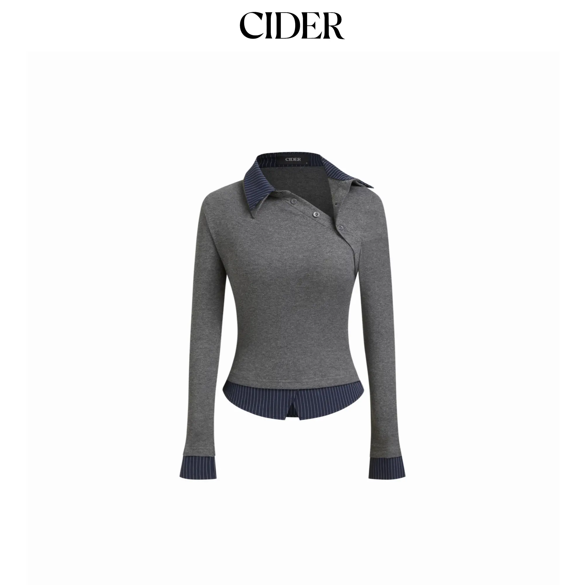 Cider Collar Long Sleeve Two tone Striped Trim Asymmetrical Top