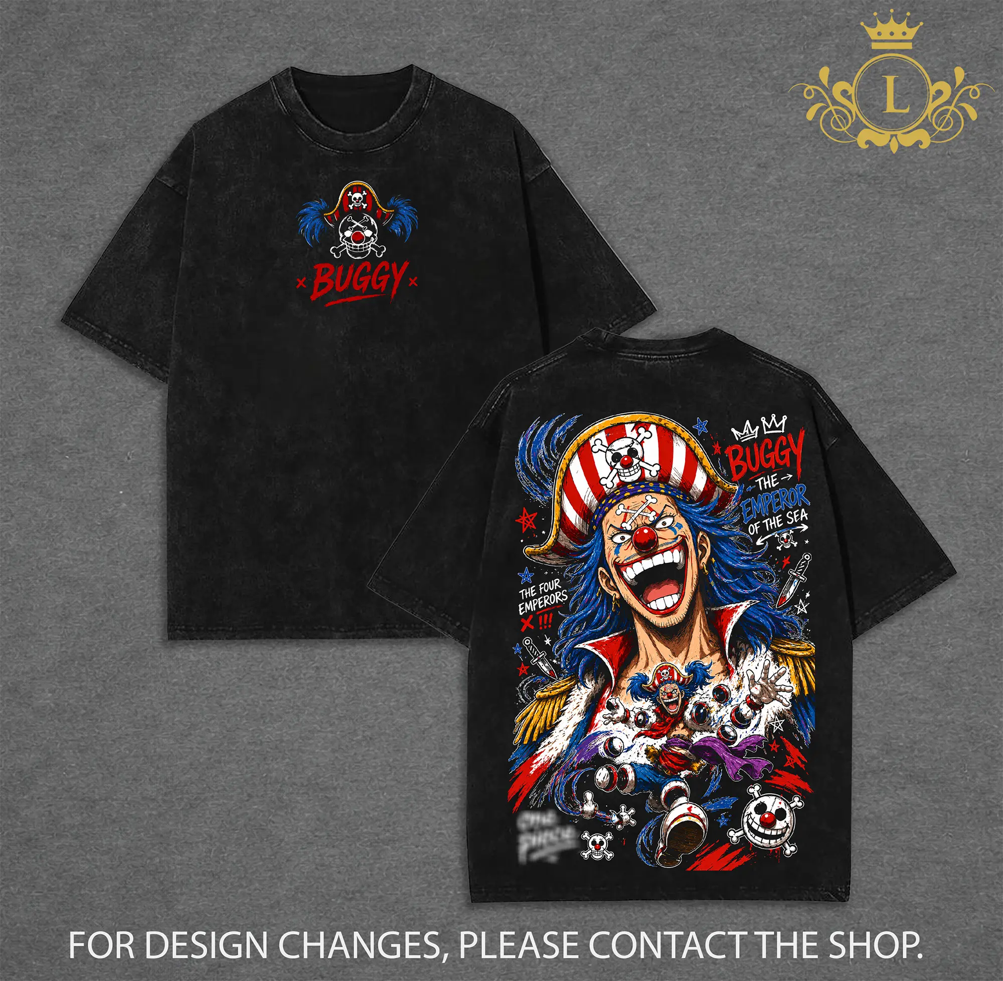 Buggy  – One Piece Vintage Manga T-Shirt, Funny Clown Pirate Graphic Shirt, Oversized Streetwear Trendy Otaku Gift, Meme Aesthetic Anime Tee
