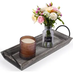 Wooden Tray Candle Holder with Black Metal Handles, Rectangular Centerpiece for Dining Table.  Decor Accessories for Coffee Table, Kitchen Counter, Fireplace or Farmhouse.