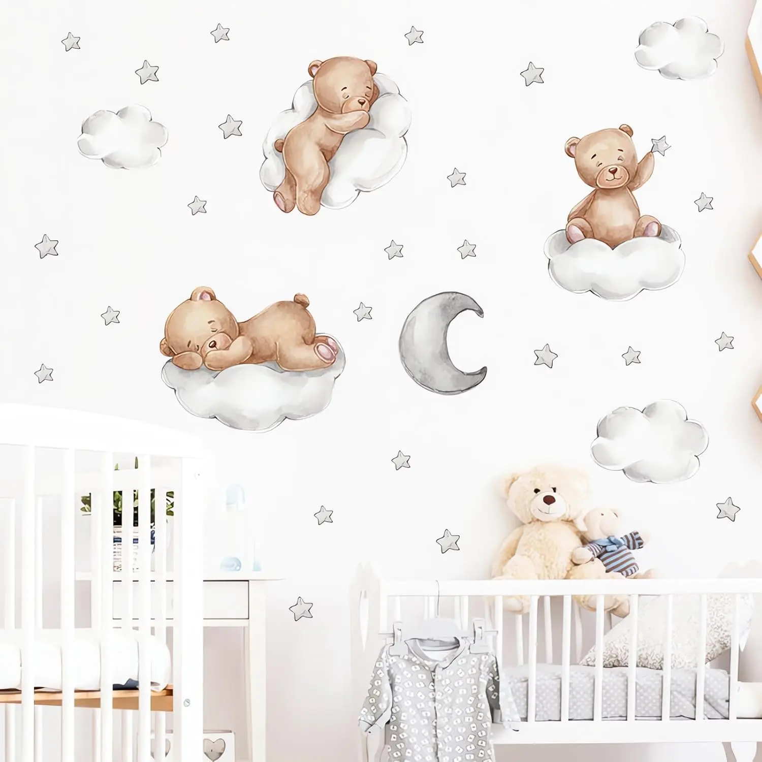 Cute Brown Sleeping Bear Decorative Wall Stickers - Removable Vinyl Peel-and-Stick DIY Art with Moon, Stars for Bedroom Decor (Toys & Hobbies, DIY Scrapbooking & Stamping), Decorative Wall Sticker