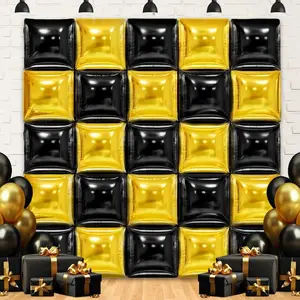Black Gold Square Foil Balloons Wall Backdrop Double Sided Metallic Black Gold Balloons Tunnel Arch Garland Black and Gold Party Decorations For Graduation Anniversary New Years Birthday 25pcs