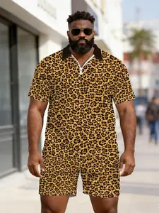 Men's Classic Leopard Print Waffle Texture Polo Set, Plus Size Zipper Top, Summer Casual Fashion, Loose-Fitting Blouse