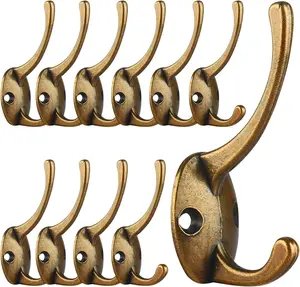 Ibosins 12 Pack Antique Brass Coat Hooks Wall Mounted with 24 Screws Retro Double Hooks Utility Antique Brass Hooks for Coat, Scarf, Bag, Towel, Key, Cap, Cup, Hat IBosins
