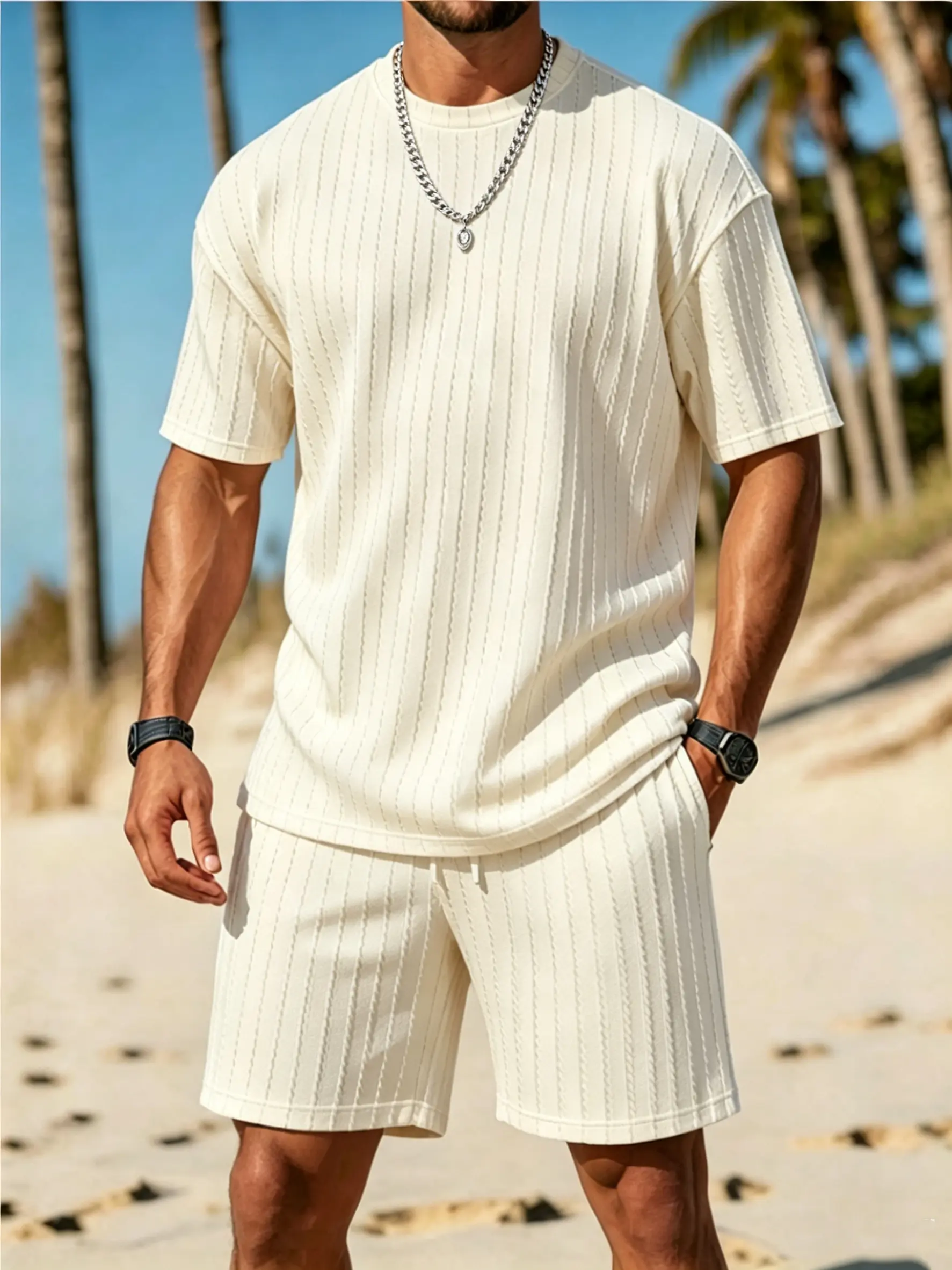 Men's 2-Piece Menswear Sports Set, Short-Sleeve Round Neck T-Shirt with Clean Casual Look, Shorts, 100% Polyester, Full Coverage Printing, Micro Elasticity, Regular Fit, Sporty Style for Casual Outings, Summer Essential, Father's Day Gift, Shortsleeve, Me