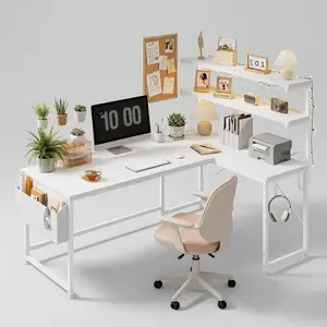 43.3" Reversible L-Shaped Computer Desk, Home Office/Gaming Desk with LED Light + Power Outlet + Storage, White, Multifunctional Workstation for Home Office, Gaming, Study, Space-Saving Desk for Small Rooms