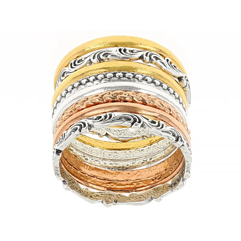 JTV Sterling Silver, 14K Gold Over Silver, Rose Gold Over Silver 8 Piece Stacked Textured Rings