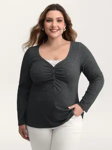 BLOOMCHIC Women's Plus Size 2-In-1 Lace Patchwork Ruched Front Sleeveless V-Neck T-Shirt Top - Dark Gray, Regular Fit & Length, Medium Stretch, Size M-6X, 2026 Summer Swimweek Pick, Deals for You Days