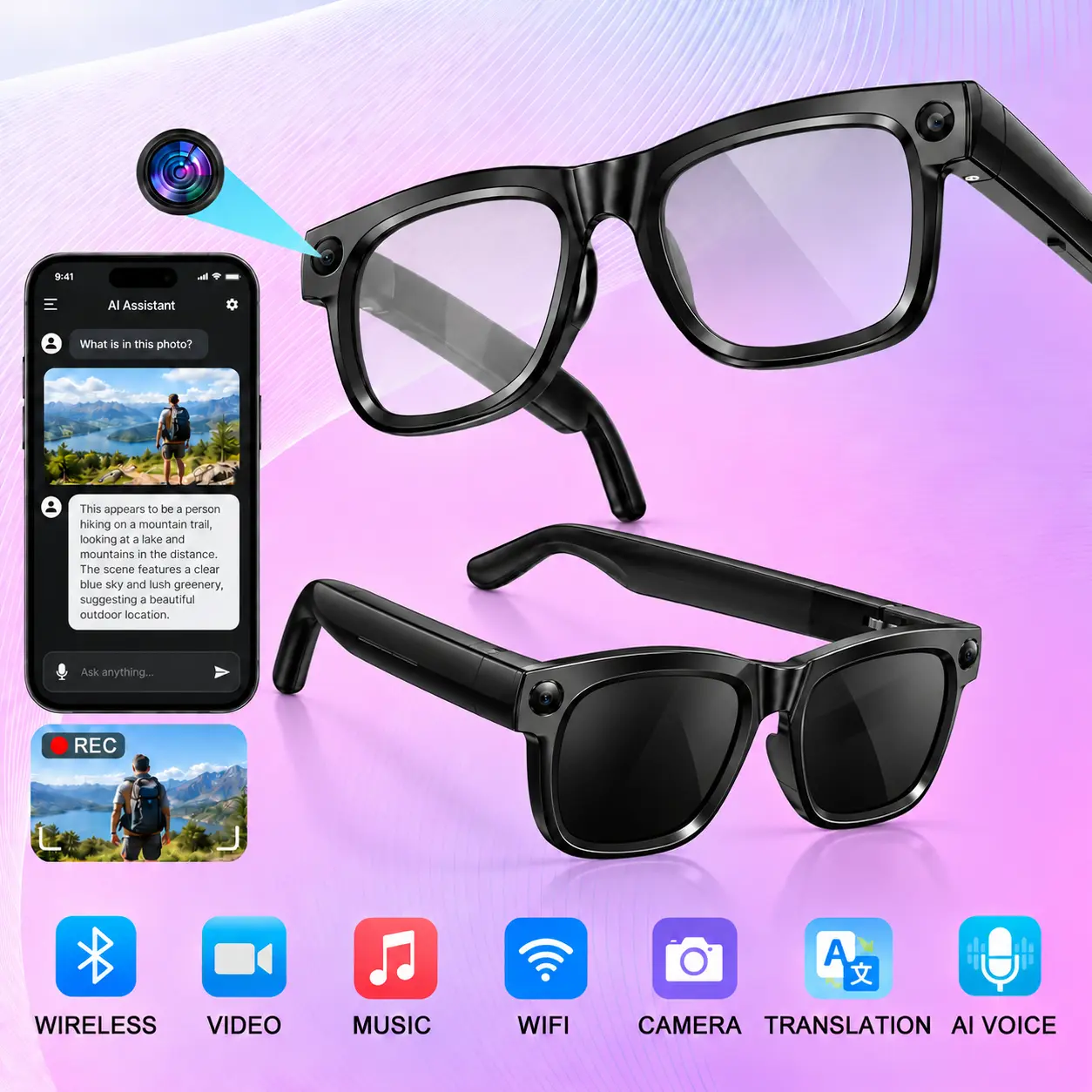 OIQII ai-ag19-color change Smart Glasses, 8MP Camera, 1080P HD Video, Photochromic Blue Light Lenses, Bluetooth Music & Calls, Translation, Voice Assistant, 16GB Storage, WiFi App Control, IP65 Waterproof Rechargeable Wearable for Travel, Cycling
