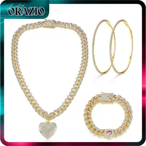 ORAZIO Cuban Link Chain Jewelry Set Cuban Chain Necklace Cuban Link Bracelet Rhinestone Hoop Earrings Gold/Silver Iced Out Chain Heart CZ Clear Cuban Link Chain Big Circle Earrings Hip Hop Cuban Link Chain For Women