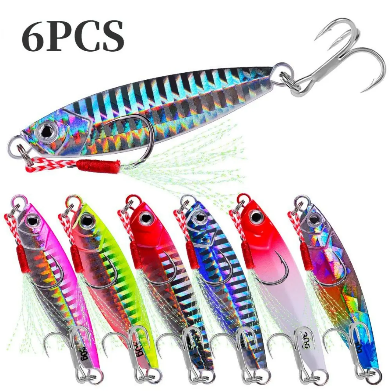 KLYVIONIS Metal Jig Fishing Lures 6PCS Set - Double-Hook Artificial Spoon Lures, 0.25-1.06oz (7-30g) Mixed Sizes, Metal Body for Long Casts, Saltwater & Freshwater Beach-to-Stream Fishing, Ice Jigging