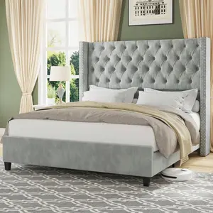 Queen/King Size Platform Bed Frame With 51.6" Wingback Tufted Velvet Upholstered Headboard, Light Grey Modern Bed With No Box Spring Needed, Easy Assembly