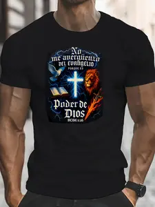 Men'S T-Shirt with Spanish Religious Phrases, Christian Shirt Featuring Bible Verses in Spanish, Round Neck Short Sleeves, New Summer Style, Comfortable And Breathable, Trendy Men'S Apparel