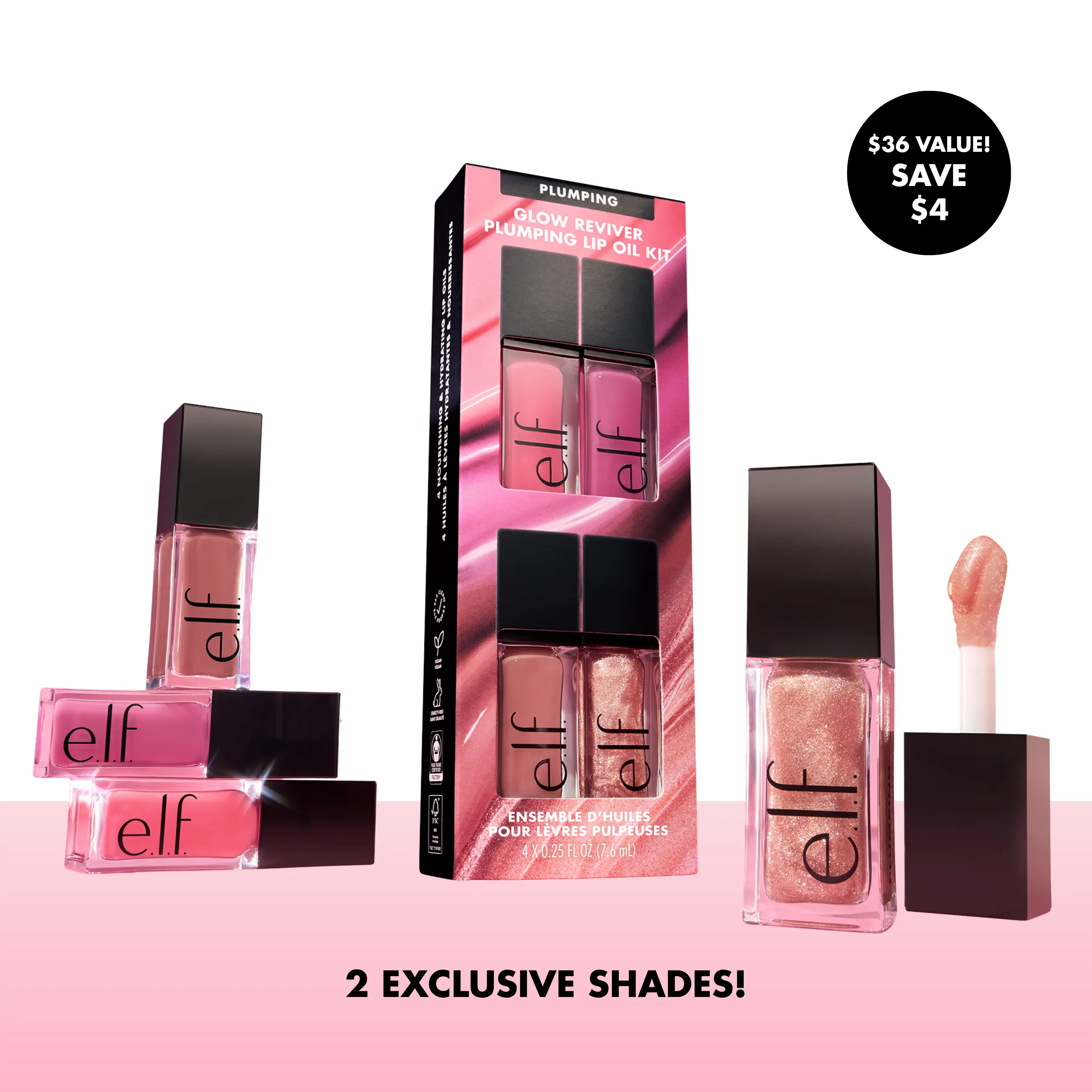 e.l.f. Glow Reviver Plumping Lip Oil Kit, 4 Shades with 2 Exclusive Colors for Ultra-Glossy Plumping Effect & Fresh Minty Scent 7.6mL