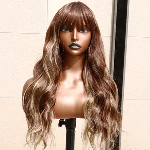 Glueless Long Body Wavy Wig with Bangs Loose Wave Curly No Lace Wigs Natural Wavy Heat Resistant Synthetic 26 Inch Wig for Women Daily Party Cosplay middle part synthetic heat Long Hair Soft